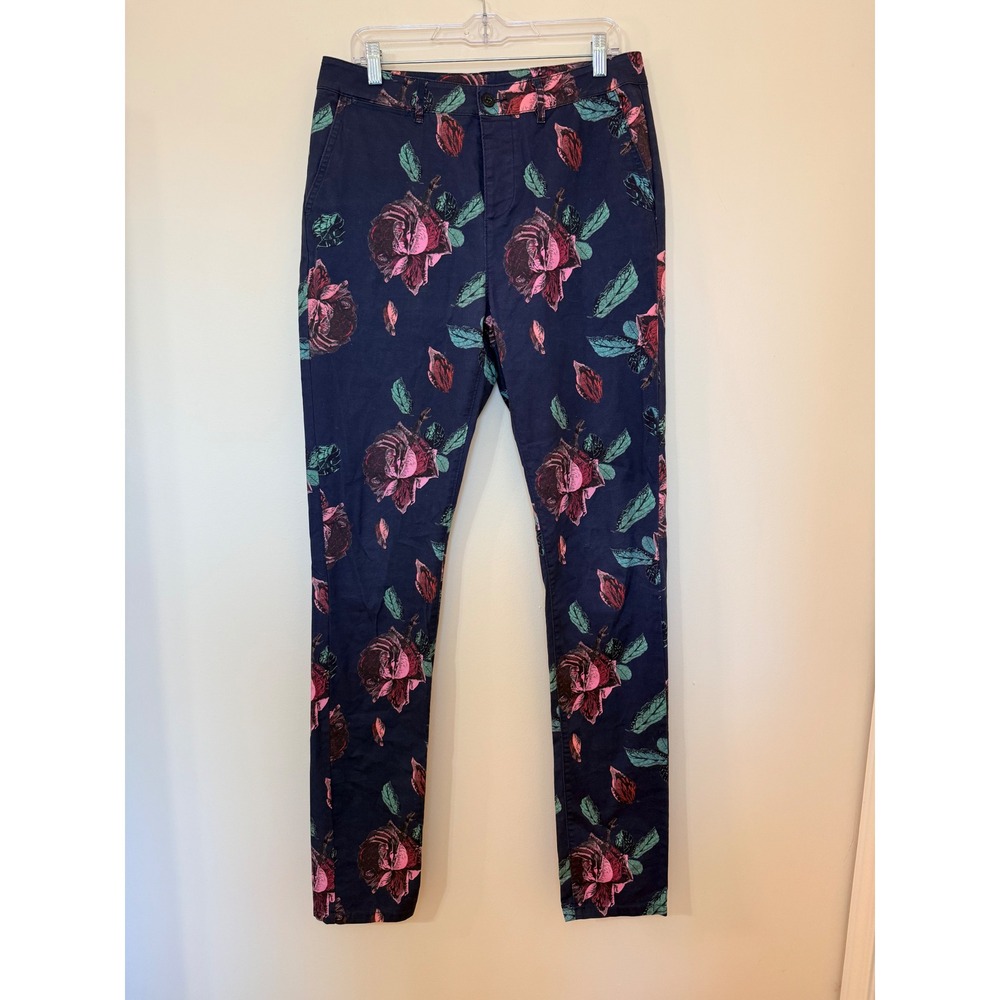 ASOS Floral Rose Print Skinny Chino Pants Navy Blue Pink W32 L38 XXL Extra Long